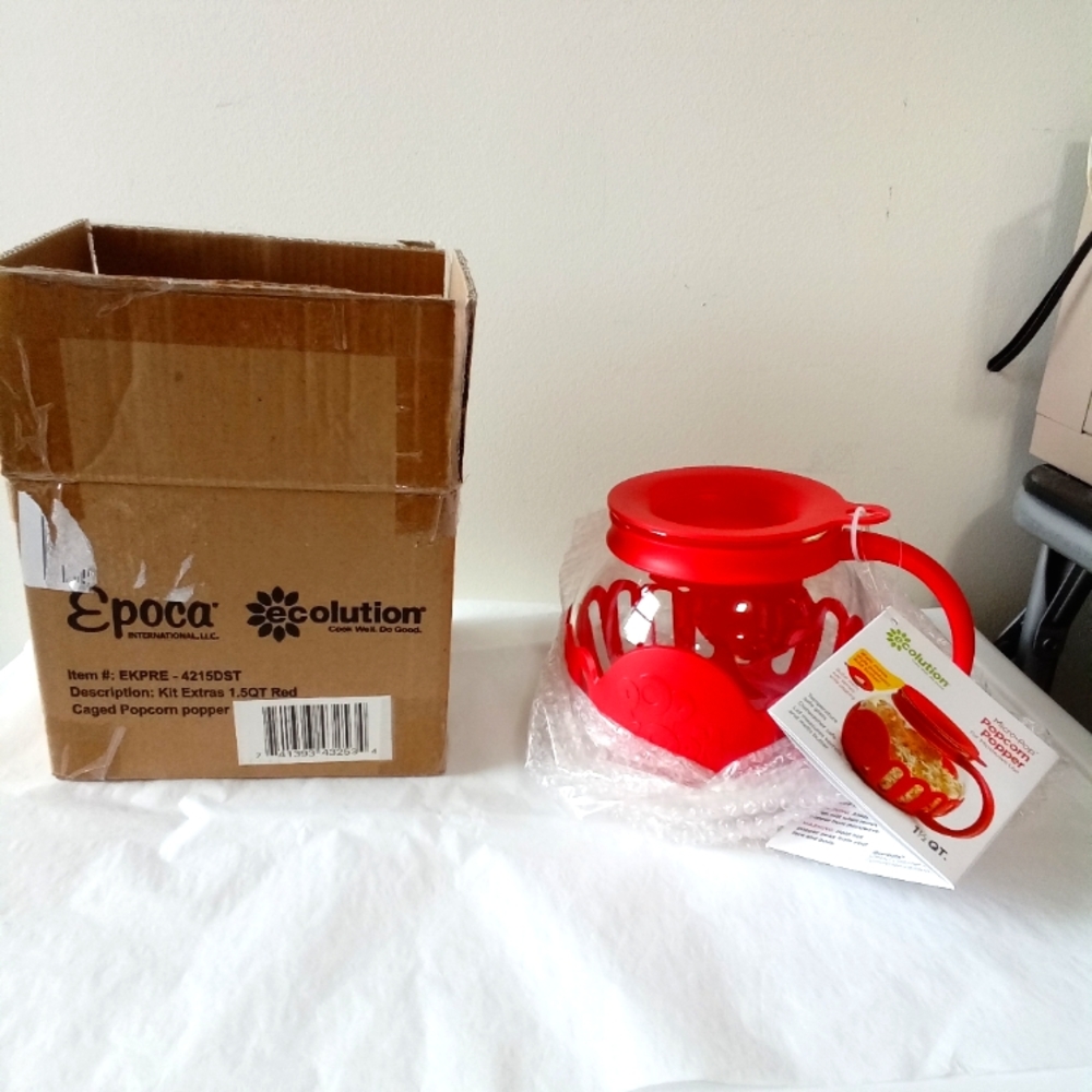 Ecolution NIB Original Microwave Red Popcorn Popper 1.5 Qt Borosilicate Glass